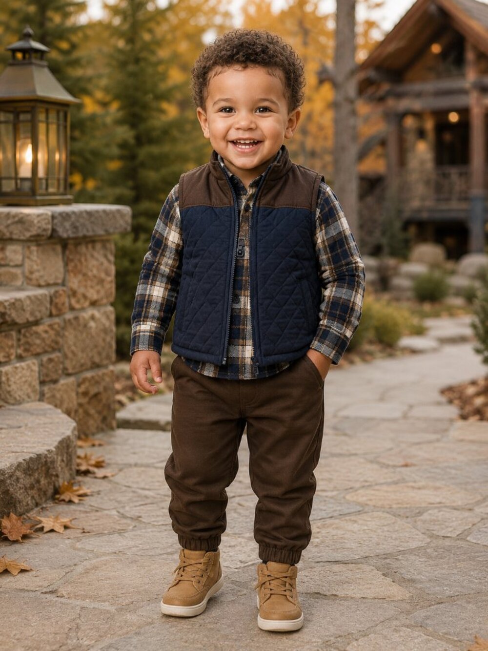 NWT Baby Essentials Toddler Boy 3 Piece Outfit Set Quilted Vest Plaid Flannel - Picture 2 of 3